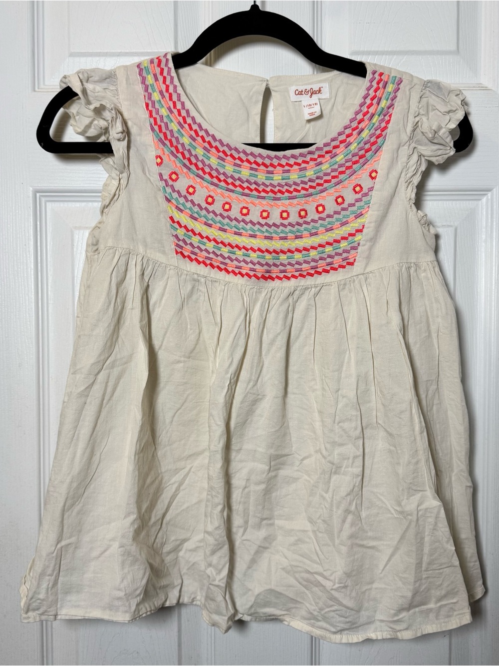 Cat & Jack Cream Embroidered Flutter-Sleeve Top with Pink & Coral Accents